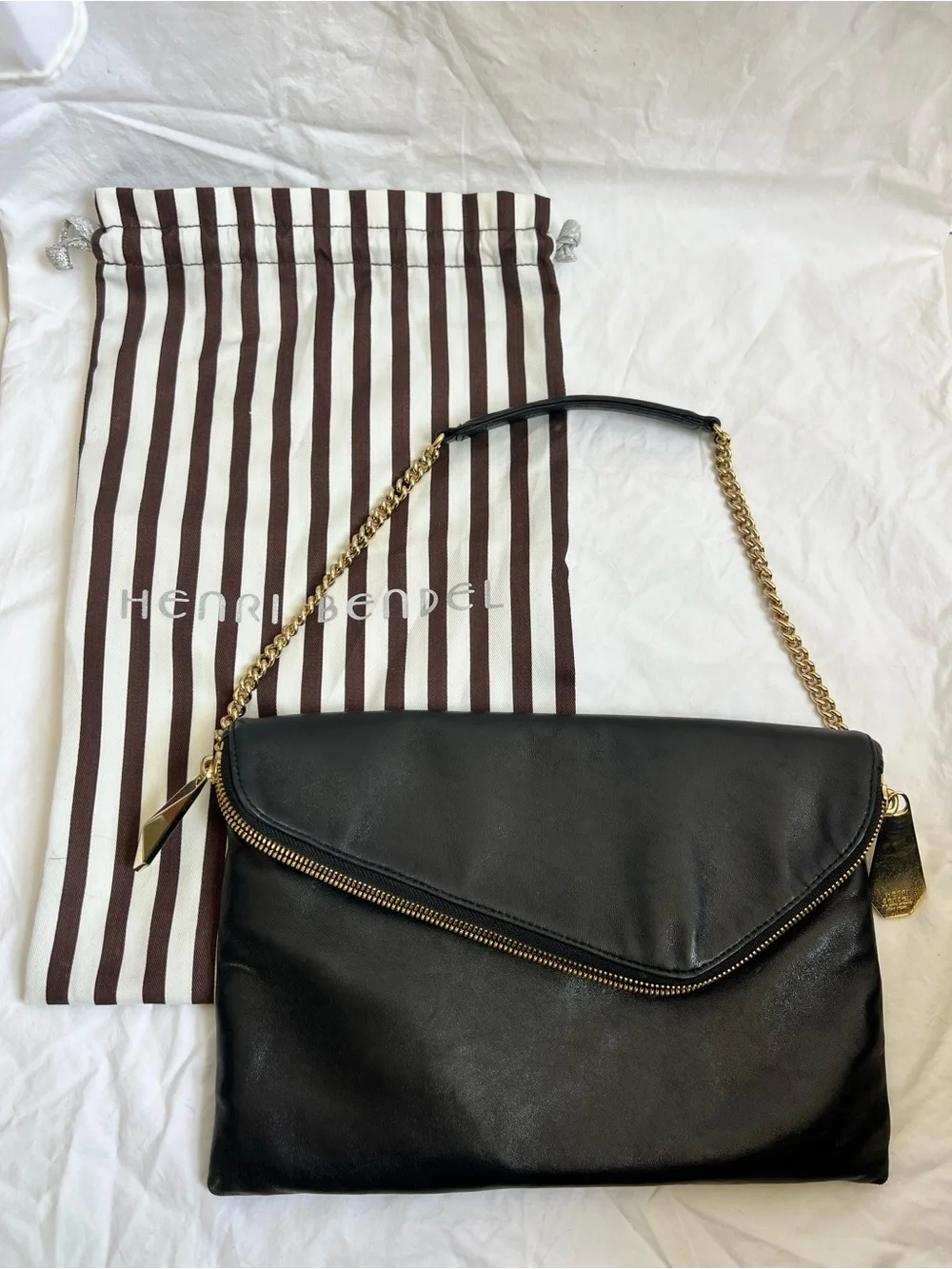 Henri Bendel Black Leather Envelope Shoulder Bag Clutch Gold Chain
